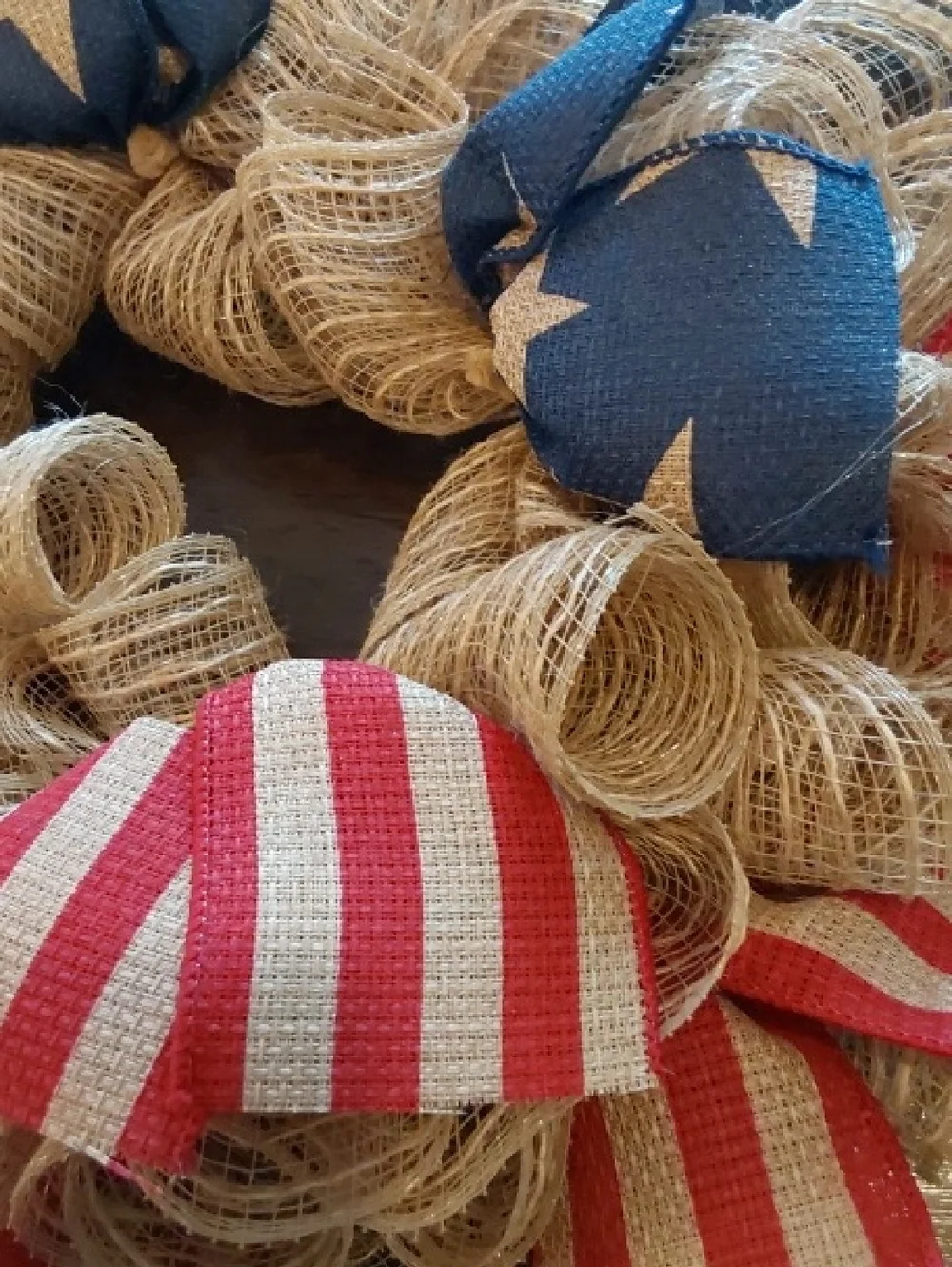 Patriotic Burlap Star & Stripe Holiday Wreath - Red, Blue, Natural